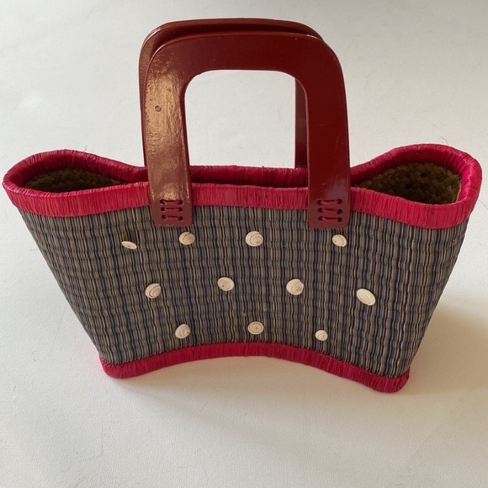 Vintage straw wicker boho wooden red handle‎ purse